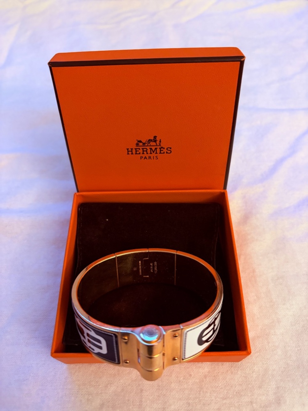 Hermes Black and White Enamel Cuff Bracelet with Gold Hardware